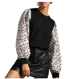 Porridge Anthropologie Mixed Media Top Black Textured Graphic Print Sleeve SZ S